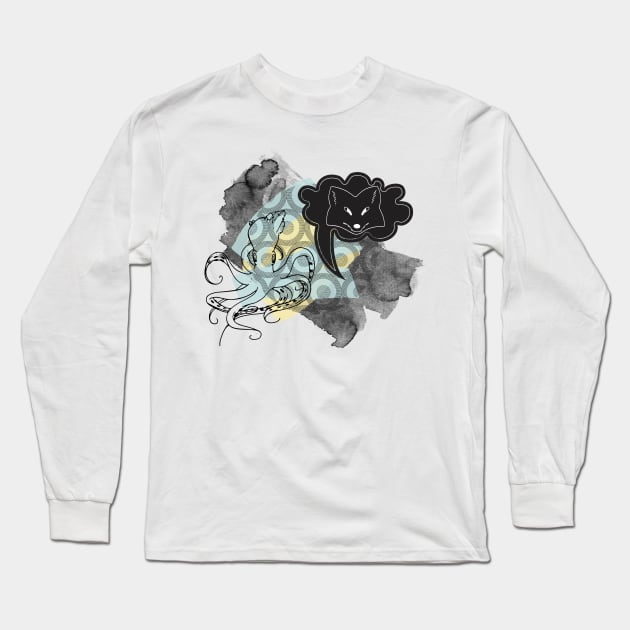 Fox and squid abstract collage Long Sleeve T-Shirt by NJORDUR